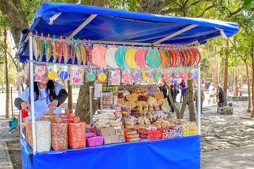 Mexico City, Mexico. Jan 11, 2023. A street-side establishment in Mexico specializes in vending traditional Mexican candies and snacks throughout the daylight hours.