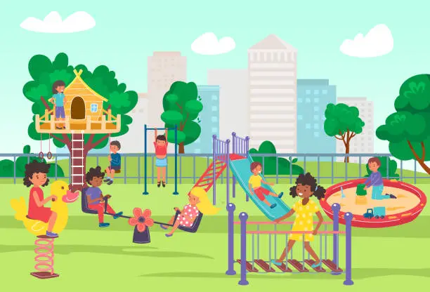 Vector illustration of City playground in summer park, play time for children, joyful fun and games outdoors, design cartoon style vector illustration.