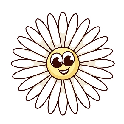 Groovy daisy flower cartoon character with long white petals. Funny retro floral mascot smiling, cute giggles and laughter of cartoon flower, comic chamomile sticker of 70s 80s vector illustration