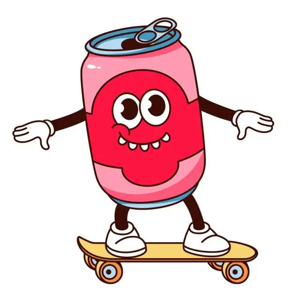 Vector illustration of Groovy Cartoon Soda Drink Can Character With Skateboard