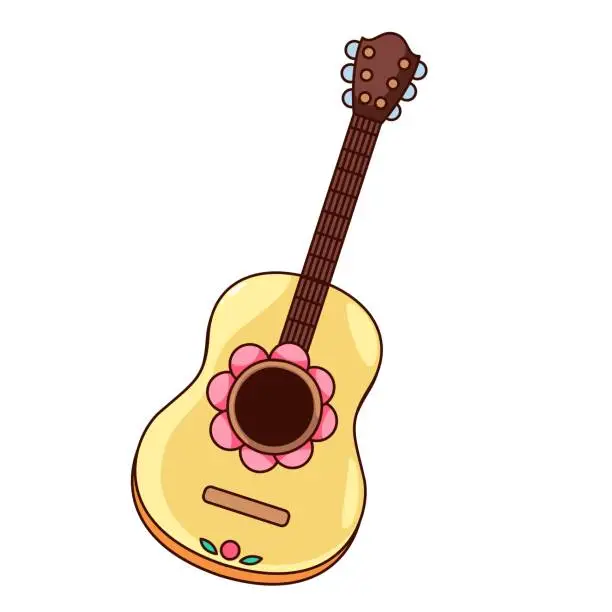 Vector illustration of Groovy Cartoon Acoustic Guitar of Hippy With Flower