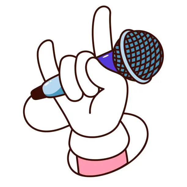Vector illustration of Groovy Cartoon Hand With Microphone and Rock Band Gesture