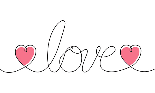 Valentine's Day Love text design with pink hearts. Single continuous thin line drawing. Editable stroke for easy editing.