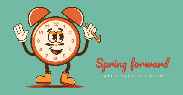 illustrazioni stock, clip art, cartoni animati e icone di tendenza di orologio groovy banner dell'ora legale. faccia felice si trasforma in estate. promemoria spring forward. illustrazione vettoriale in stile cartone animato - alarm clock clock clock face time