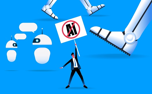 Man on a strike against ai and robots and chatbots ignoring him. Artificial intelligence risks concept. Vector illustration.