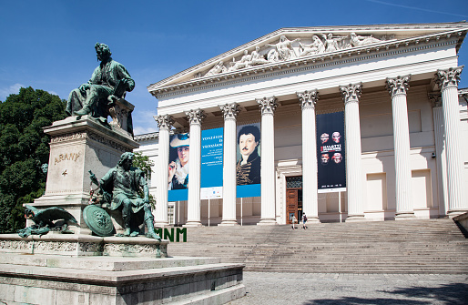 The classic facade of the hungarian national museum in Budapest, Hungary