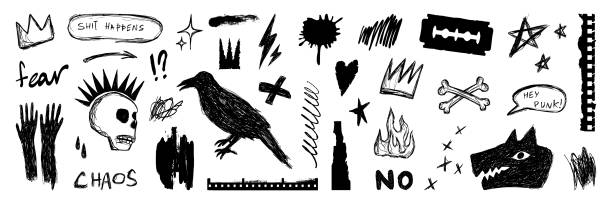 Set of grunge scrawls, pencil drawn scribbles, torn paper sheets, ink stains. Punk aesthetics elements for collage, banner, stickers design. Isolated vector illustration.