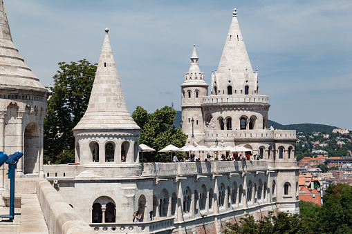 The historical towers in the Fishermans bastion, Buda, Budapest