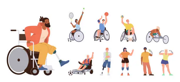 Vector illustration of People cartoon character in wheelchair having artificial prosthetics limbs with special needs