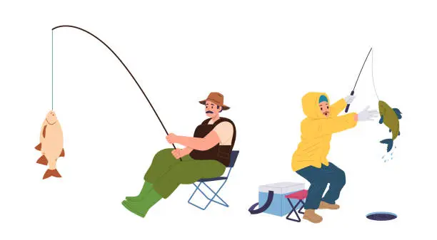 Vector illustration of Adult man isolated cartoon character enjoying winter and summer fishing catching fish with rode