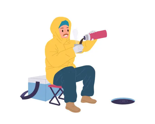 Vector illustration of Adult fisherman cartoon character pouring hot coffee or tea taking break during winter fishing