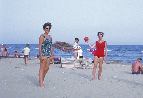 Rimini Region, Emilia Romagna, Italy, 1964. Holidaymakers from Central Europe on the Adriatic beach in Italy.