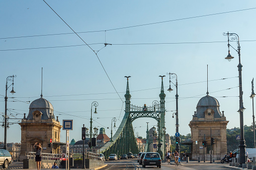 The liberty bridge traffic flowing to Buda, Budapest
