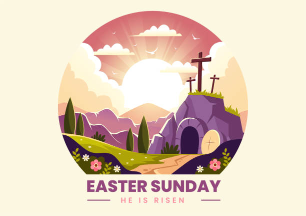 Happy Easter Sunday Vector Illustration of Jesus, He is Risen and Celebration of Resurrection with Cave and the Cross in Flat Cartoon Background Happy Easter Sunday Vector Illustration of Jesus, He is Risen and Celebration of Resurrection with Cave and the Cross in Flat Cartoon Background easter sunday stock illustrations