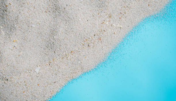 istock Sea beach sand texture on blue background with copy space. Summer background concept for products display. 1936158484