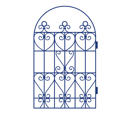 Blue wrought iron gate with ornate swirls and geometric designs. Elegant metal entrance arch vector illustration.