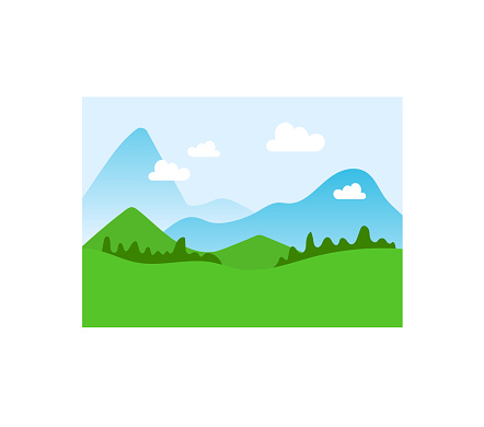 Simplified landscape with green hills and blue mountains under a sky with clouds. Serene nature scene, flat design hillscape. Tranquility in nature vector illustration.