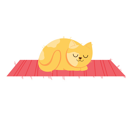 Sleeping cartoon cat on a red mat, cute feline in a peaceful nap. Relaxing pet and cozy home scene vector illustration.
