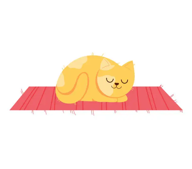 Vector illustration of Sleeping cartoon cat on a red mat, cute feline in a peaceful nap. Relaxing pet and cozy home scene vector illustration