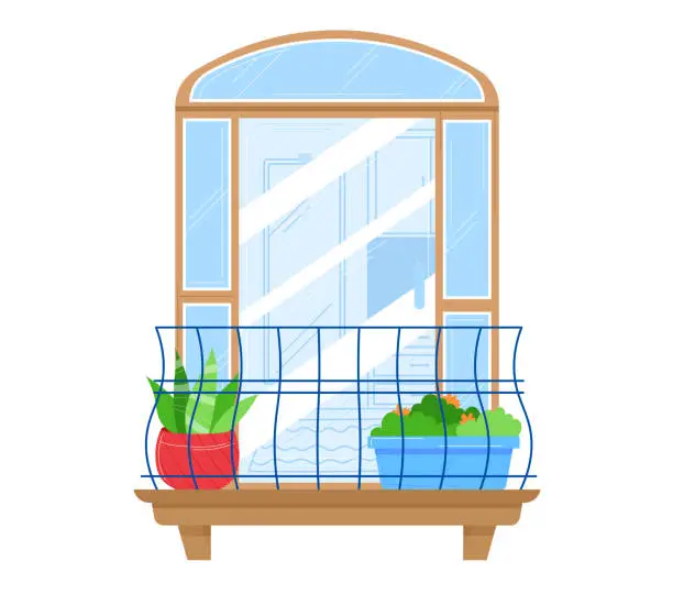 Vector illustration of Window balcony with plants in pots guardrail. Indoor gardening, houseplants in containers on wooden shelf vector illustration