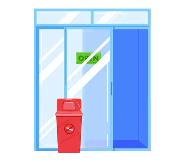 Vector illustration of Red trash bin in front of a glass entrance door with an open sign. Clean and minimalistic urban waste management vector illustration