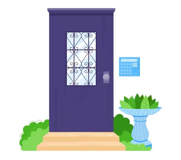 Vector illustration of Purple front door with decorative window, plants beside, house exterior day. Home entrance with elegant design and security keypad vector illustration
