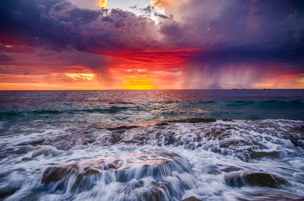 Baltic sea Vidzeme stony seashore. Sunset by the sea