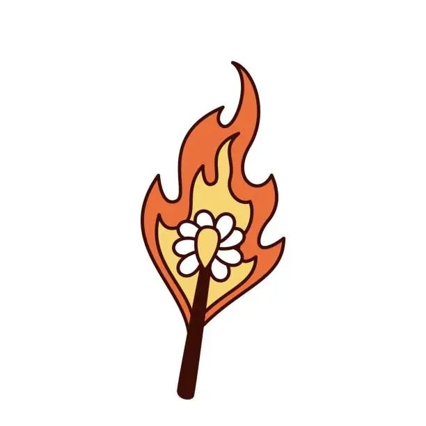 Vector illustration of Groovy Cartoon Burning Match With Flowers Petals