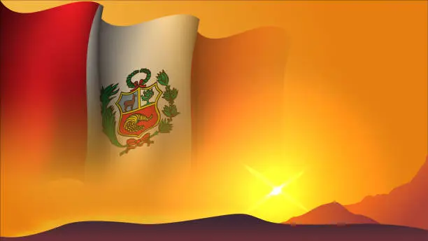 Vector illustration of peru waving flag concept background design with sunset view on the hill vector illustration