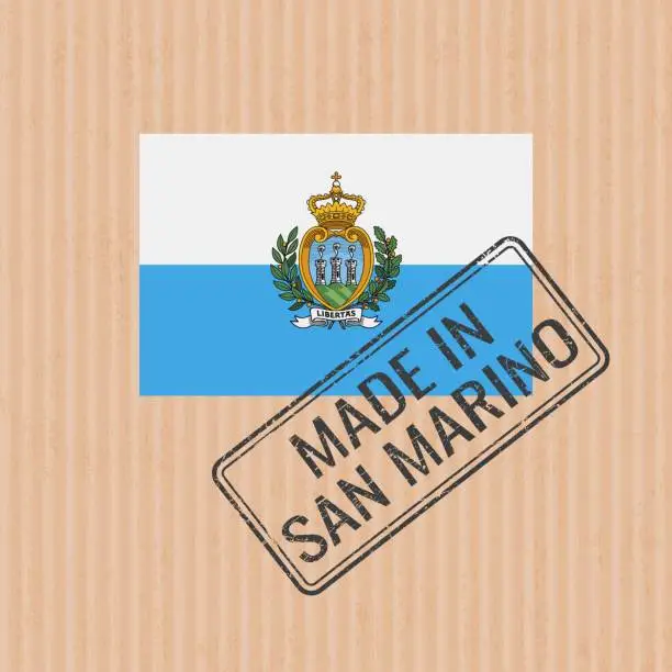 Vector illustration of Made in San Marino badge vector. Sticker with San Marino national flag. Ink stamp isolated on paper background.