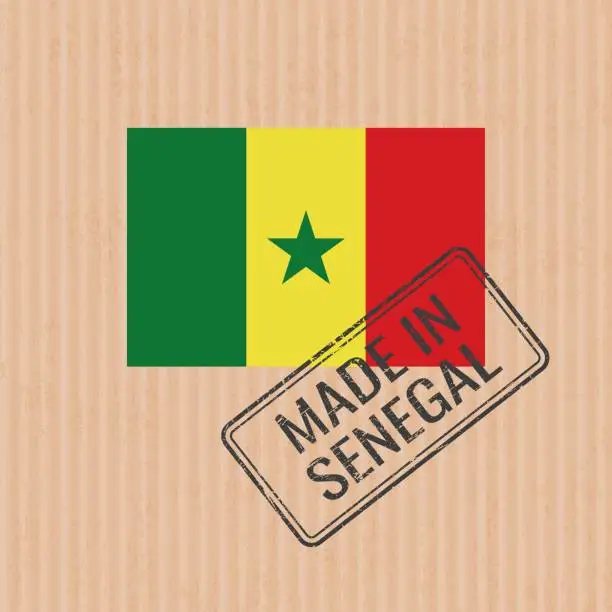 Vector illustration of Made in Senegal badge vector. Sticker with Senegalese national flag. Ink stamp isolated on paper background.