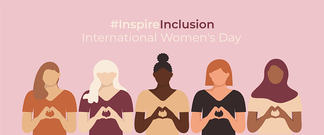 InspireInclusion International Women's Day banner. Minimalist illustration with Inspire Inclusion slogan. Diverse women with heart-shaped hands stand together in faceless style.