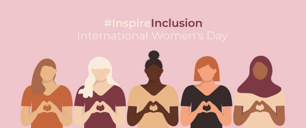 InspireInclusion International Women's Day banner. Minimalist illustration with Inspire Inclusion slogan. Diverse women with heart-shaped hands stand together in faceless style InspireInclusion International Women's Day banner. Minimalist illustration with Inspire Inclusion slogan. Diverse women with heart-shaped hands stand together in faceless style. teamwork slogan stock illustrations