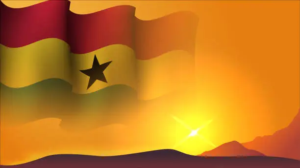 Vector illustration of ghana waving flag concept background design with sunset view on the hill vector illustration