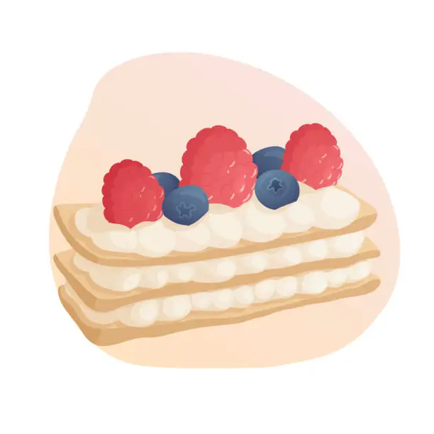 Vector illustration of Berry and Creamy White Chocolate and Yogurt Mille Feuille