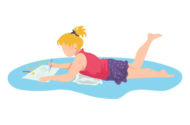 Vector illustration of Little kid laying on floor drawing aquarelle picture, character children female flat vector illustration, isolated on white.
