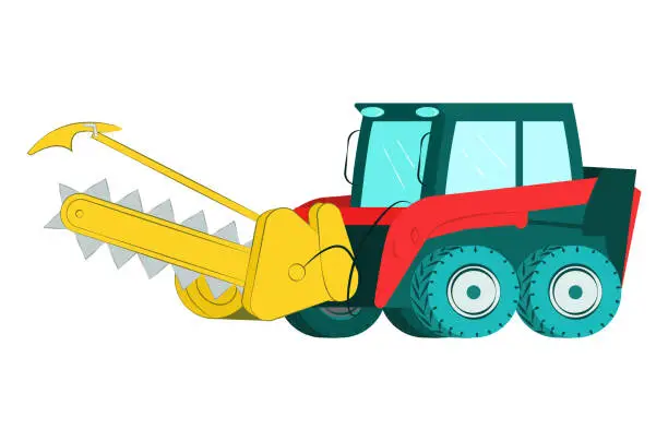 Vector illustration of Tractor cutting wood lumberjack work Excavator equipment machinery cartoon wood transporting trees vector illustration