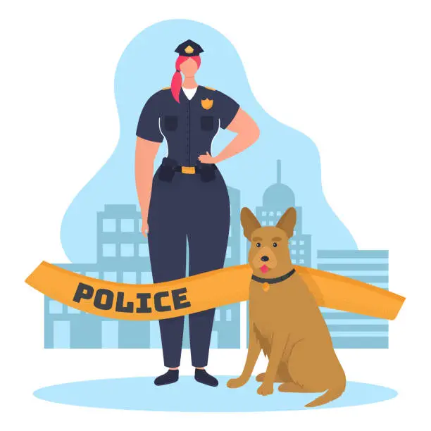 Vector illustration of Woman character policeman hold service dog and protect order, law enforcement cartoon vector illustration, isolated on white.
