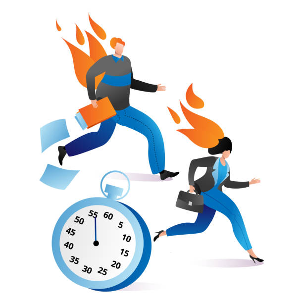 businessman and businesswoman together running with burning head, business deadline work cartoon vector illustration, isolated on white. - final period stock illustrations