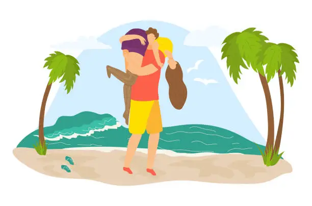 Vector illustration of Tropical travel weekend vacation, lovely couple male character hold on shoulder female flat vector illustration, isolated on white.