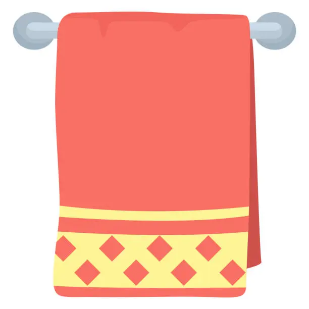 Vector illustration of Bathroom thing towel hanging on metal heated towel rail, red yellow color cloth flat vector illustration, isolated on white icon.