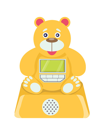Children bear toy cell phone, educational child yellow plaything, concept kid plastic teddy flat vector illustration, isolated on white icon. Design concept baby toylike gadget with monitor, speaker.