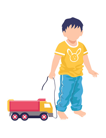 Little cheerful boy standing hold leash truck toy, children kid play lorry plaything cartoon vector illustration, isolated on white. Concept modern child car bauble, game funny time spend.