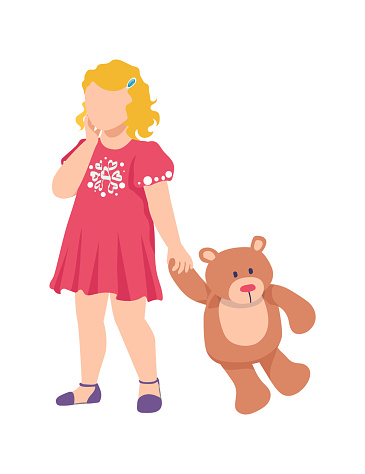 Little cheerful girl standing hold teddy bear toy, children kid play soft plaything cartoon vector illustration, isolated on white. Concept modern female child in red dress, game funny time spend.