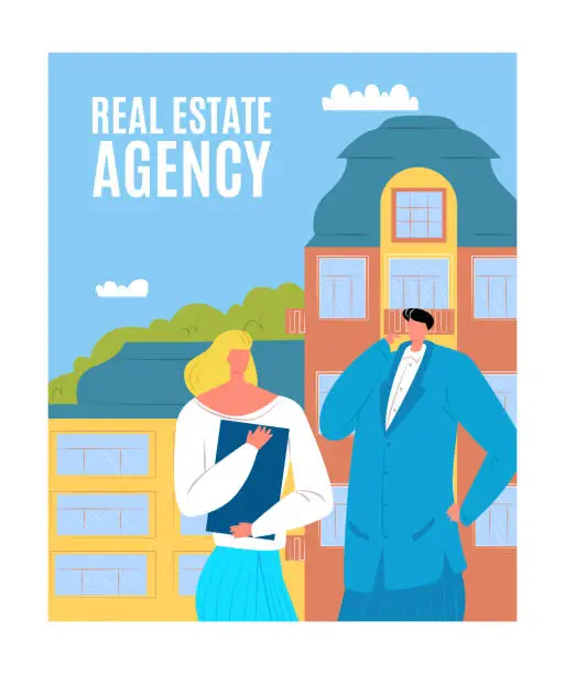 Vector illustration of Real estate agency poster banner, character woman and man real estate agent promotional billboard flat vector illustration, isolated on white.