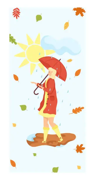 Vector illustration of Cute woman character walking romantic rainy autumn weather, female stroll hold umbrella poster flat vector illustration, isolated on white.