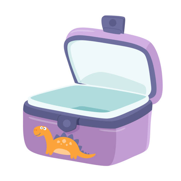 Empty open purple lunchbox vector illustration. School or office food container. Breakfast, lunch, dinner box for kids or students. Bento. Homemade nutrition. Healthy food concept Empty open purple lunchbox vector illustration. School or office food container. Breakfast, lunch, dinner box for kids or students. Bento. Homemade nutrition. Healthy food concept. sack lunch stock illustrations