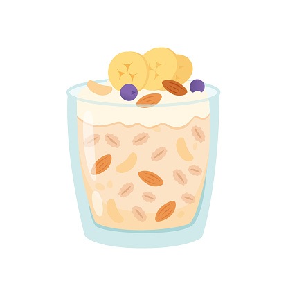 Oatmeal cup with fruits and nuts. Cereal porridge for breakfast. Oat food. Natural product. Healthy food concept. Cartoon vector illustration.