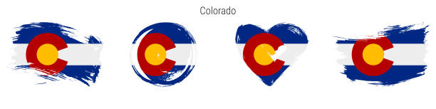 Colorado hand drawn grunge style flag icon set. Free brush stroke flat vector illustration isolated on white Colorado hand drawn grunge style flag icon set. US state banner in official colors. Free brush stroke shape, circle and heart-shaped. Flat vector illustration isolated on white. colorado flag art pictures stock illustrations