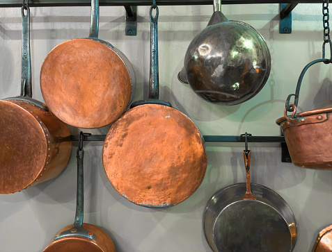 Old Copper Pots Hanging on Wall